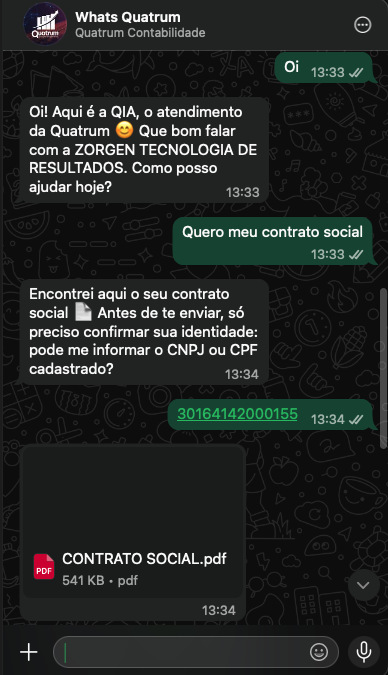 Conversa real no WhatsApp: cliente pede o contrato social e a QIA confirma a identidade antes de enviar o PDF
