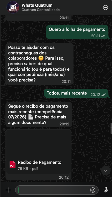 Conversa real no WhatsApp: cliente pede a folha de pagamento e a QIA entrega o recibo mais recente